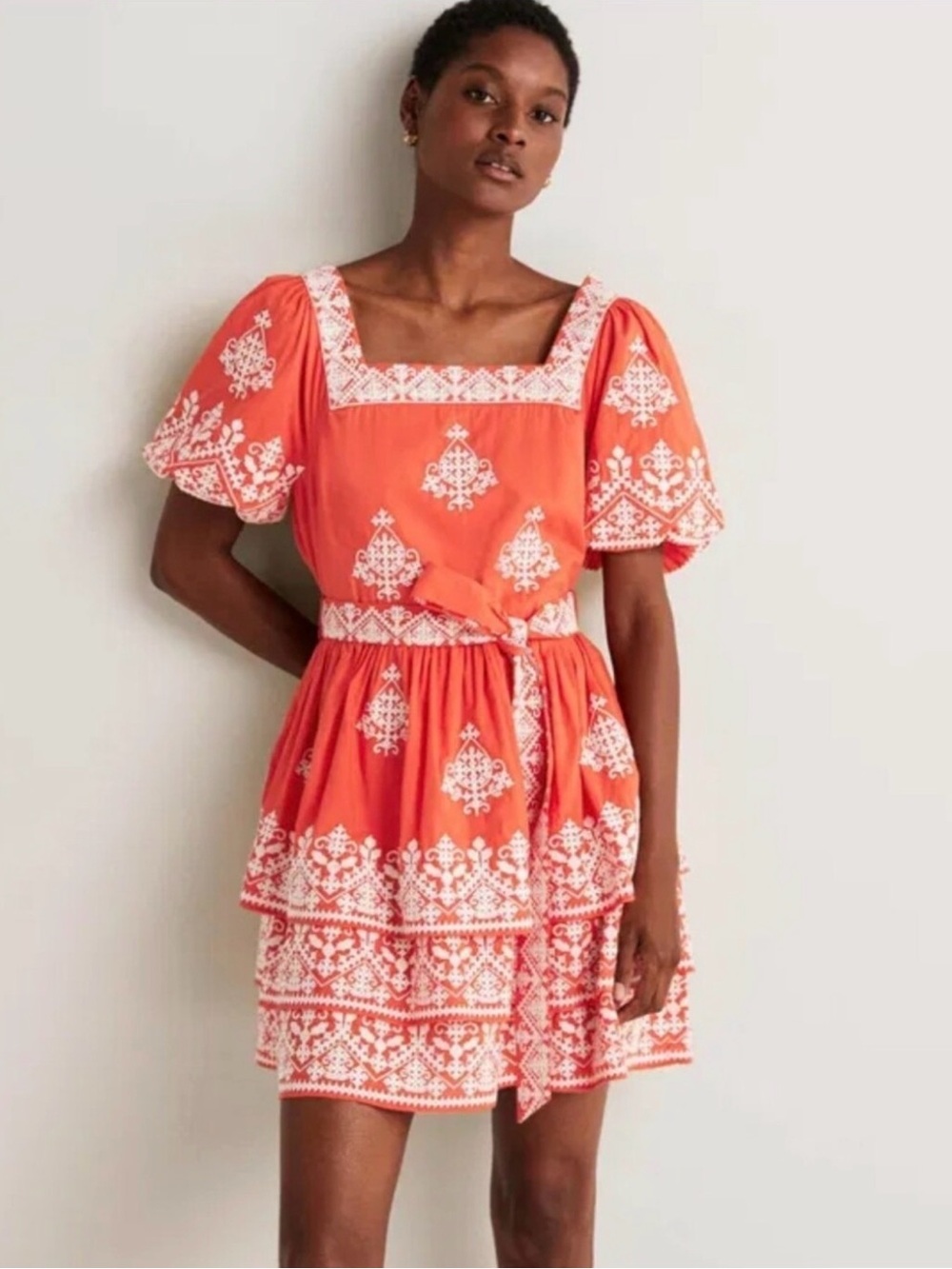 Boden Orange Embroidered Cotton Square-Neck Dress